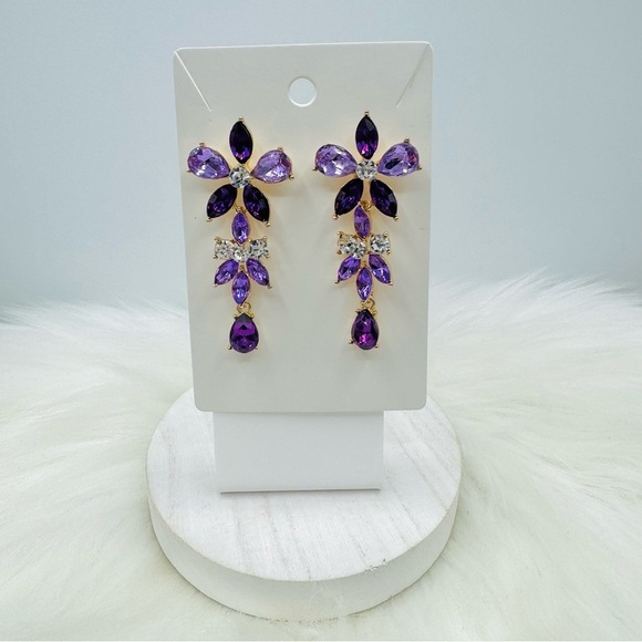 Shades of Purple Retro Floral Dangle long Earrings - Picture 2 of 3